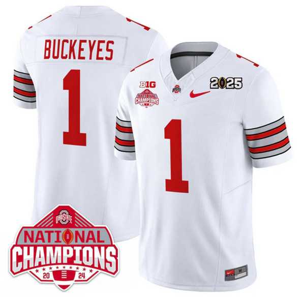 Mens Ohio State Buckeyes #1 Buckeyes White 2025 CFP Final With National Champions Patch F.U.S.E. Vapor Limited Stitched Jersey Dzhi